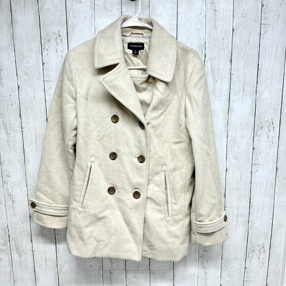 Lands' End Coat Women Sz 6 Cream Wool Double Breasted Peacoat Front Pockets - Picture 1 of 5